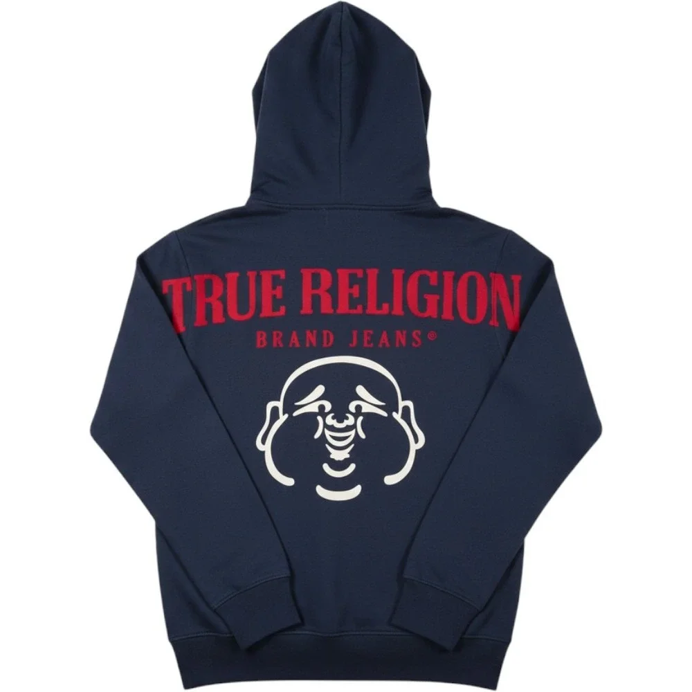 True Religion Zip Hoodie Mens Large Navy Blue Buddha Graphic Logo 106659